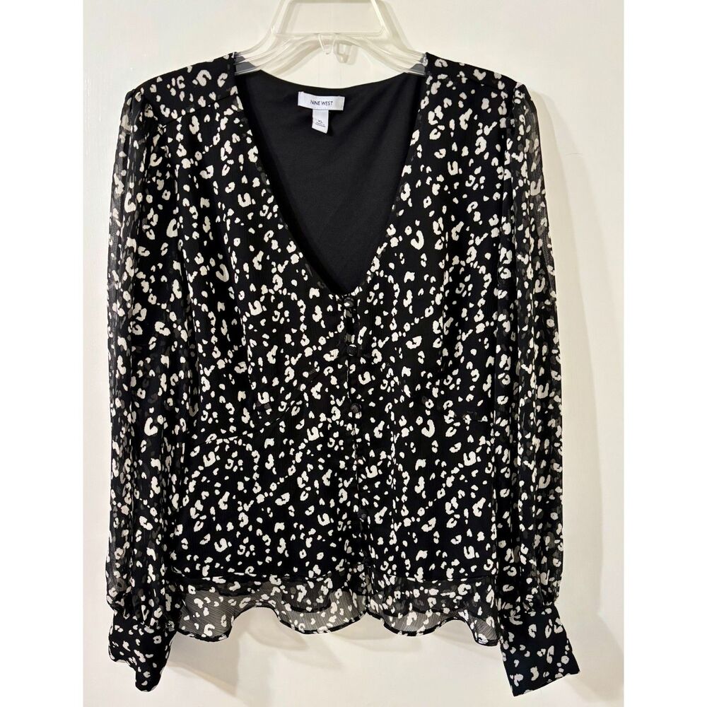 Nine West W XL Black V Romantic Ruffle Ecru Gray Paint Splatter Long Slv Blouse